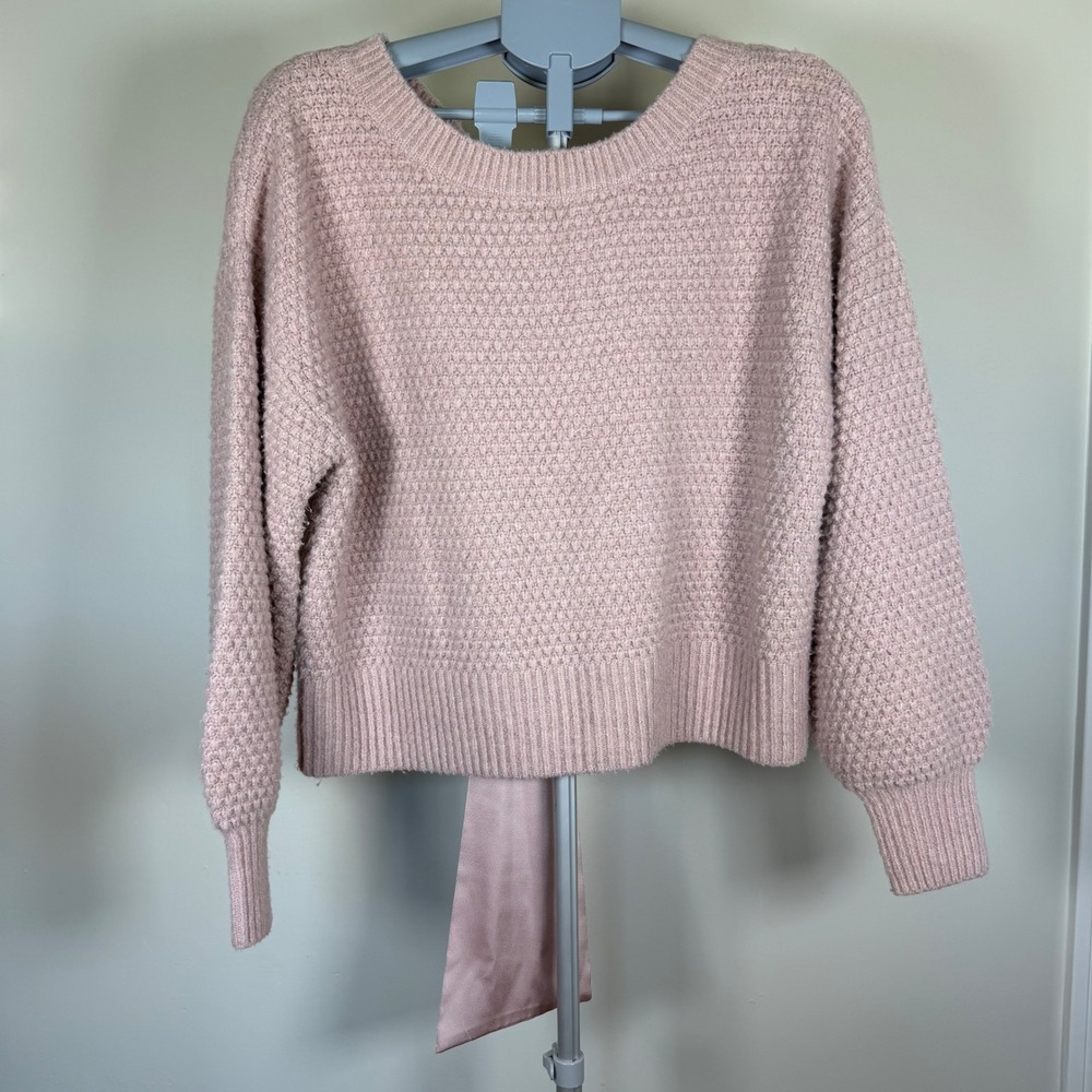 Pink Rose Blush Pink Textured Knit Sweater with Satin Back Bow Tie